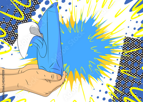 Cartoon, comic book human hands holding Wet Wipe. Retro vector comics pop art design.