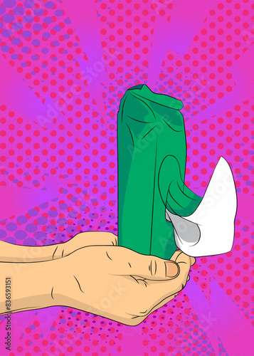 Cartoon, comic book human hands holding Wet Wipe. Retro vector comics pop art design.