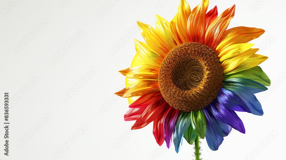 Fototapeta premium A vibrant rainbow-colored sunflower against a white background, showcasing vivid hues and striking individuality in a minimalist setting.