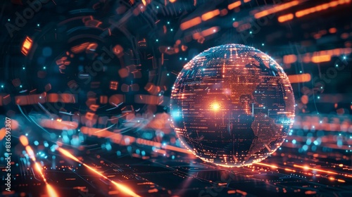 Digital Elegance Futuristic Sphere Enveloped in Glowing Data Lines and Particles High Detail Stock Image