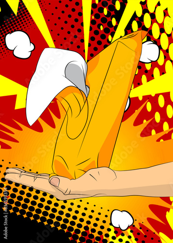 Cartoon, comic book human hands holding Wet Wipe. Retro vector comics pop art design.