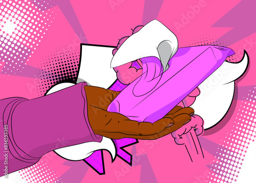 Cartoon, comic book human hands holding Wet Wipe. Retro vector comics pop art design.