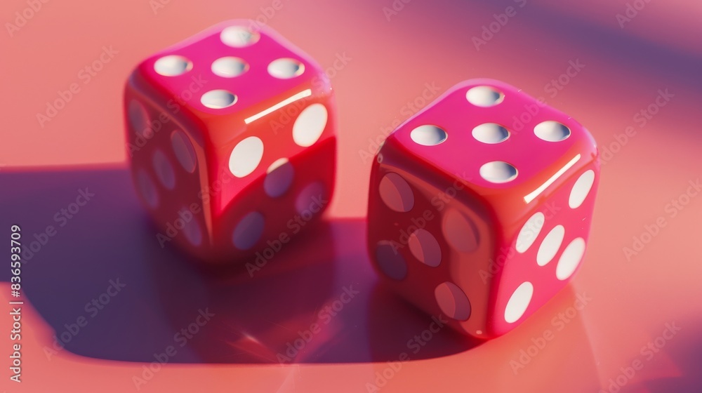 Two red dice on a pink surface, close-up view. Gaming and chance concept Two red dice on a pink surface, close-up view. Gaming and chance concept