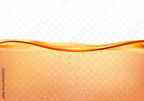 Orange liquid splash with bubbles of air, isolated on the transparent background. Vector illustration