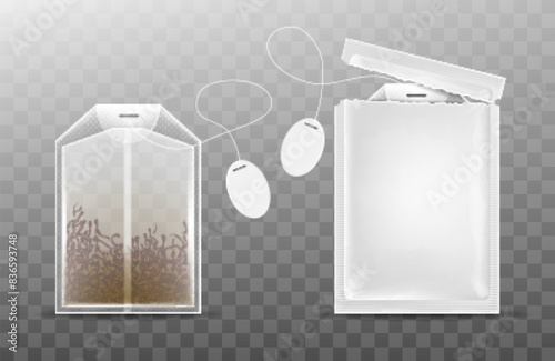Open tea packaging and tea bag isolated on a transparent background. Realistic vector illustration.