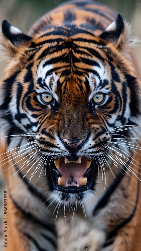 Obraz premium Captivating Close up of Fearsome Tiger s Fierce Predatory Glare and Bared Fangs