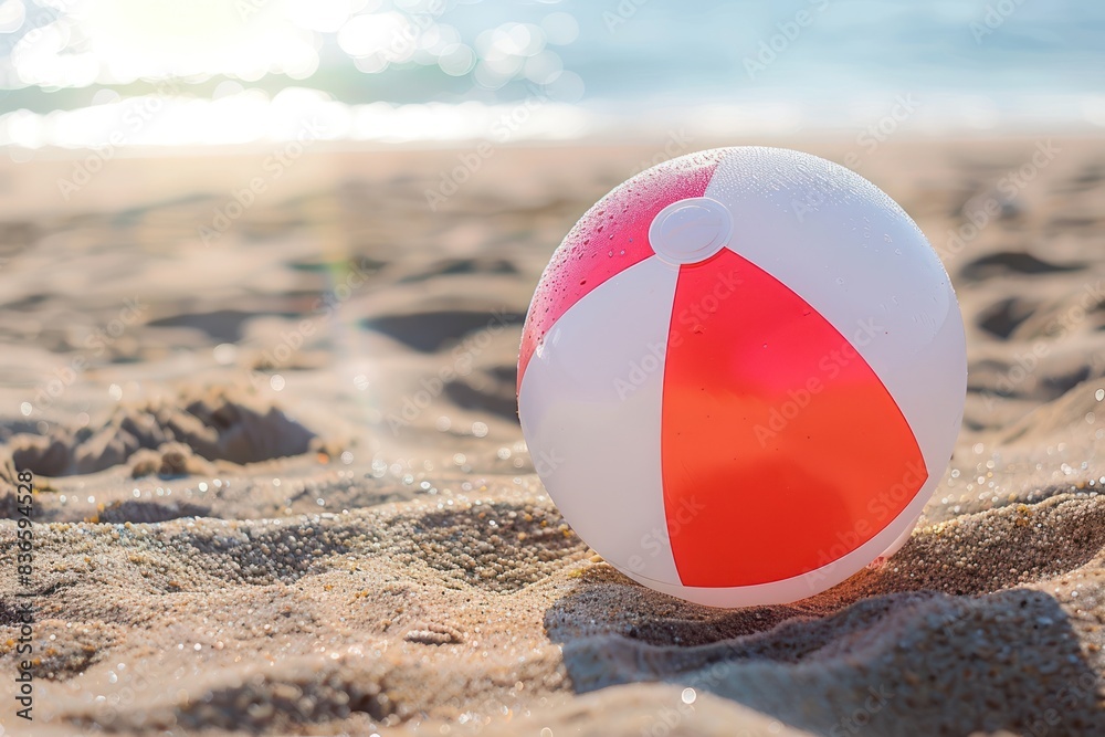 Close-up of a beach red white ball on the sand with the sea in the background Close-up of a beach red white ball on the sand with the sea in the background