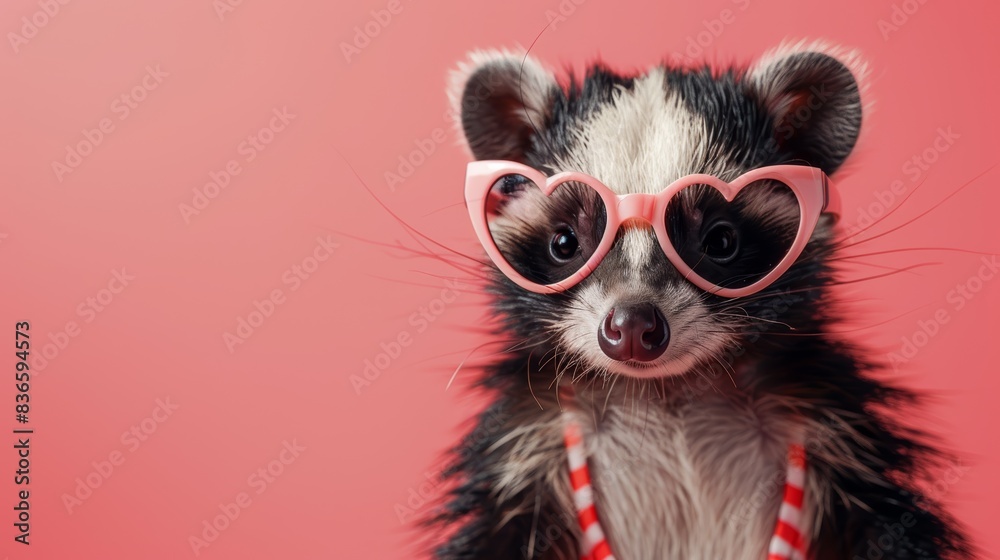Close-up of a cute raccoon with heart-shaped sunglasses on a red background, showcasing adorable and playful fashion. Close-up of a cute raccoon with heart-shaped sunglasses on a red background, showcasing adorable and playful fashion.