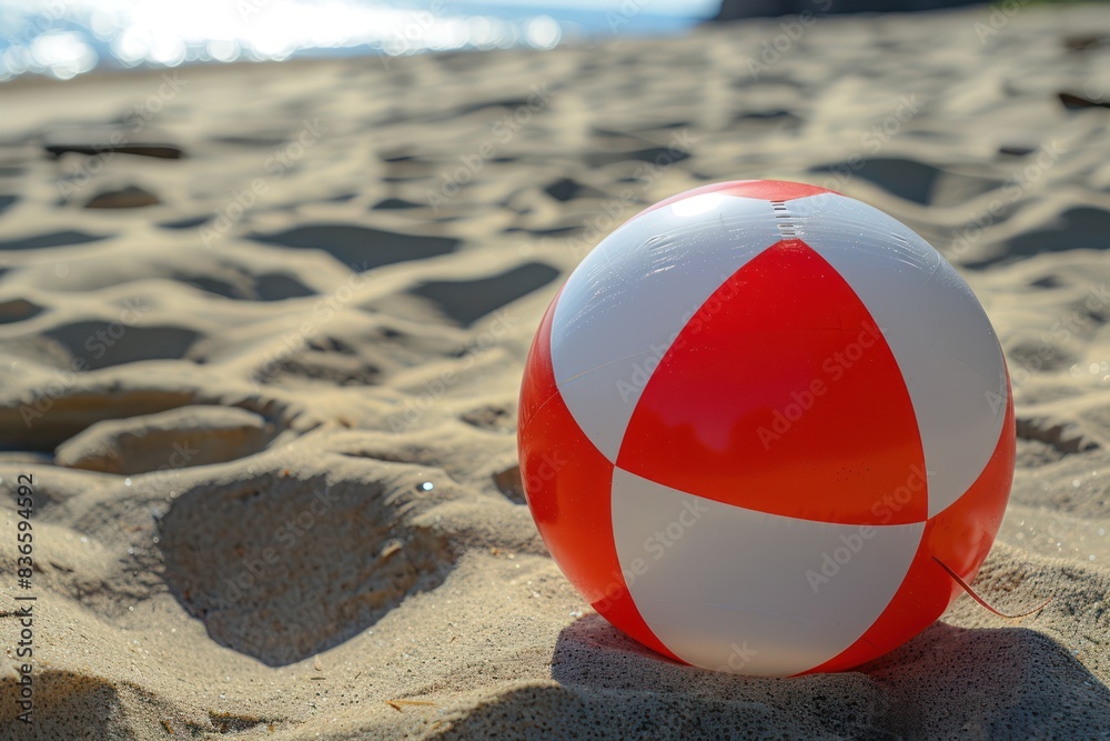 Close-up of a beach red white ball on the sand with the sea in the background Close-up of a beach red white ball on the sand with the sea in the background