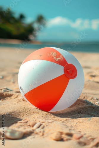 Close-up of a beach red white ball on the sand with the sea in the background