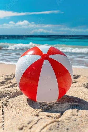 Close-up of a beach red white ball on the sand with the sea in the background