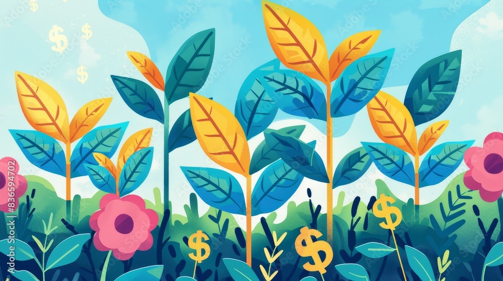 Illustration of plants with colorful leaves and dollar signs, symbolizing financial growth and investment. Illustration of plants with colorful leaves and dollar signs, symbolizing financial growth and investment.
