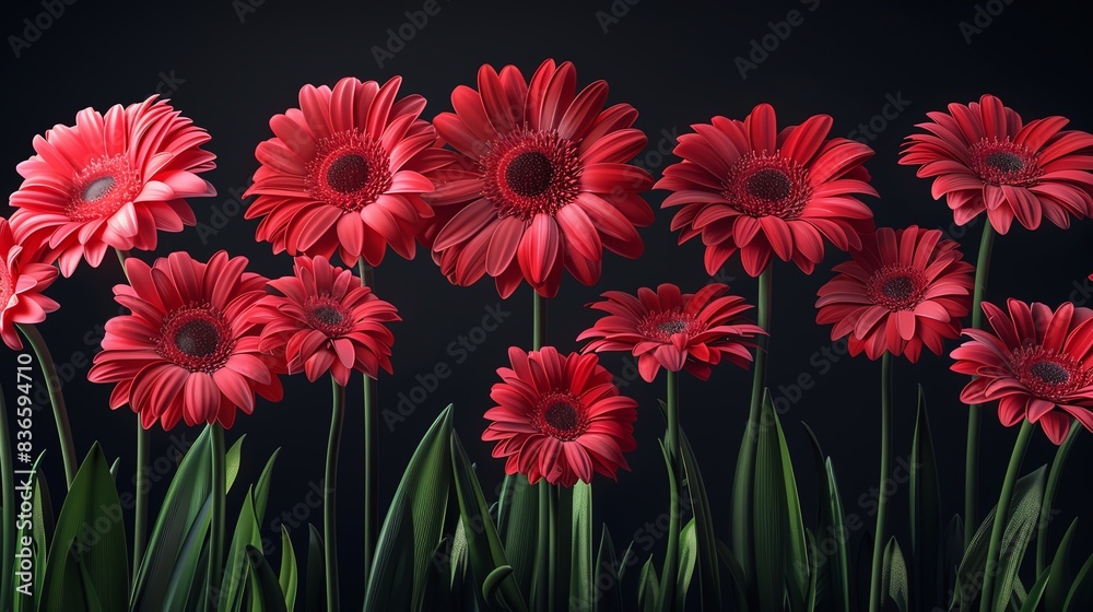 Vibrant red gerbera daisies in full bloom against a dark background, showcasing their beauty and elegance with vivid colors and detailed textures. Vibrant red gerbera daisies in full bloom against a dark background, showcasing their beauty and elegance with vivid colors and detailed textures.