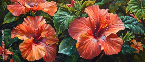 Vibrant red hibiscus flowers in full bloom surrounded by lush green leaves, capturing the beauty of tropical flora in a detailed close-up.