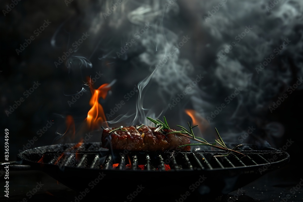 Grilled steak on a BBQ with smoke and flames. Dark background highlights the sizzling meat. Perfect for cooking or BBQ-themed content. Captures the essence of outdoor grilling. Generative AI Grilled steak on a BBQ with smoke and flames. Dark background highlights the sizzling meat. Perfect for cooking or BBQ-themed content. Captures the essence of outdoor grilling. Generative AI