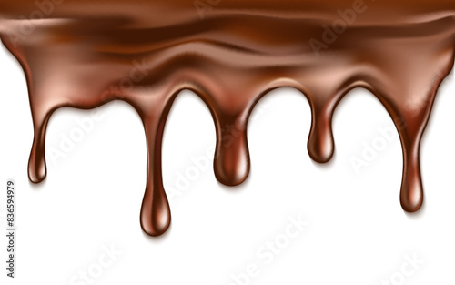Realistic vector illustration of melted chocolate dripping on white background.