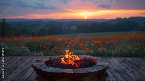 Beautiful outdoor fire pit on a wooden deck overlooking a picturesque field of flowers during a stunning sunset in the countryside.