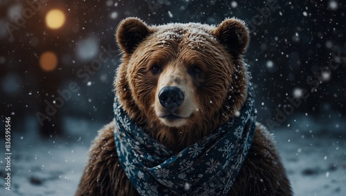 A bear in a scarf, surrounded by snowflakes. photo