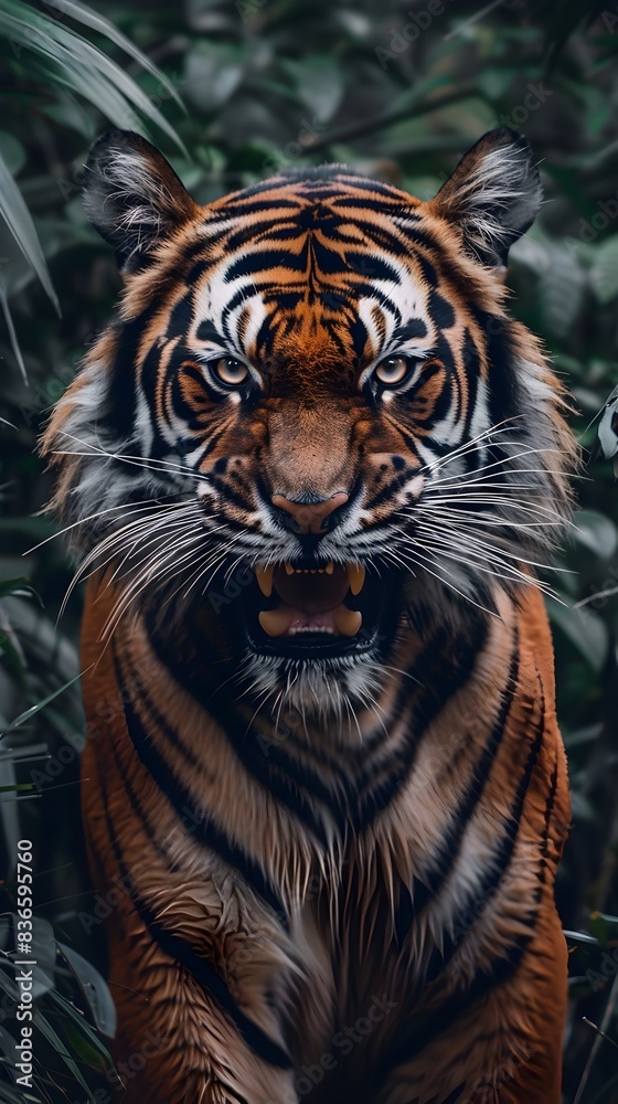 Captivating Tiger Portrait with Ferocious Open Mouthed Snarl in Lush Jungle Setting Captivating Tiger Portrait with Ferocious Open Mouthed Snarl in Lush Jungle Setting