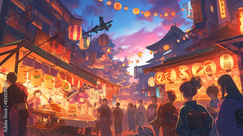 A bustling Japanese festival street, anime style illustration