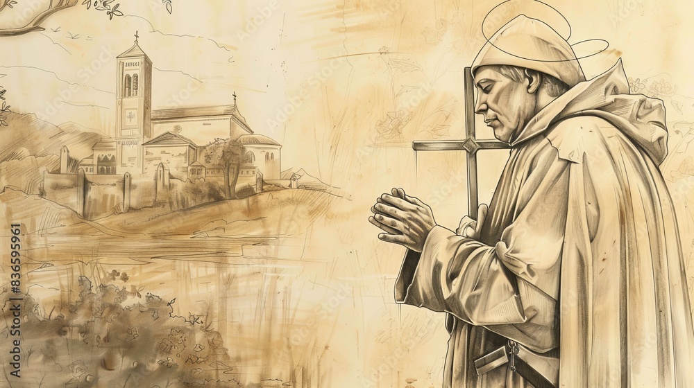 Fototapeta premium Biblical Illustration of Saint Thomas Aquinas in deep prayer, holding a cross. Serene church setting, piety and scholarly dedication, peaceful and holy atmosphere. Beige Background, copyspace.