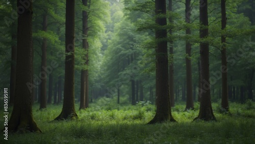 A lush green forest with tall trees standing together.