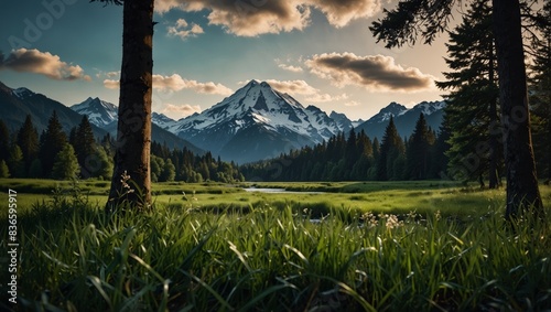 Through a verdant forest, a river flows alongside towering blades of grass, while a snowcapped peak looms in the background. photo