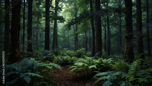 A verdant forest brimming with numerous leafy vegetation and towering trees lies adjacent.