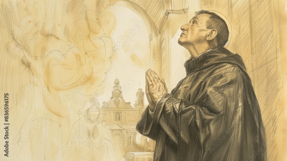 Fototapeta premium Biblical Illustration of Saint Thomas Aquinas in deep prayer, holding a cross. Serene church setting, piety and scholarly dedication, peaceful and holy atmosphere. Beige Background, copyspace.