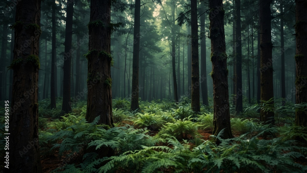 Fototapeta premium A cluster of towering trees, nestled amidst a verdant forest's bounty, punctuated with numerous tall trees.