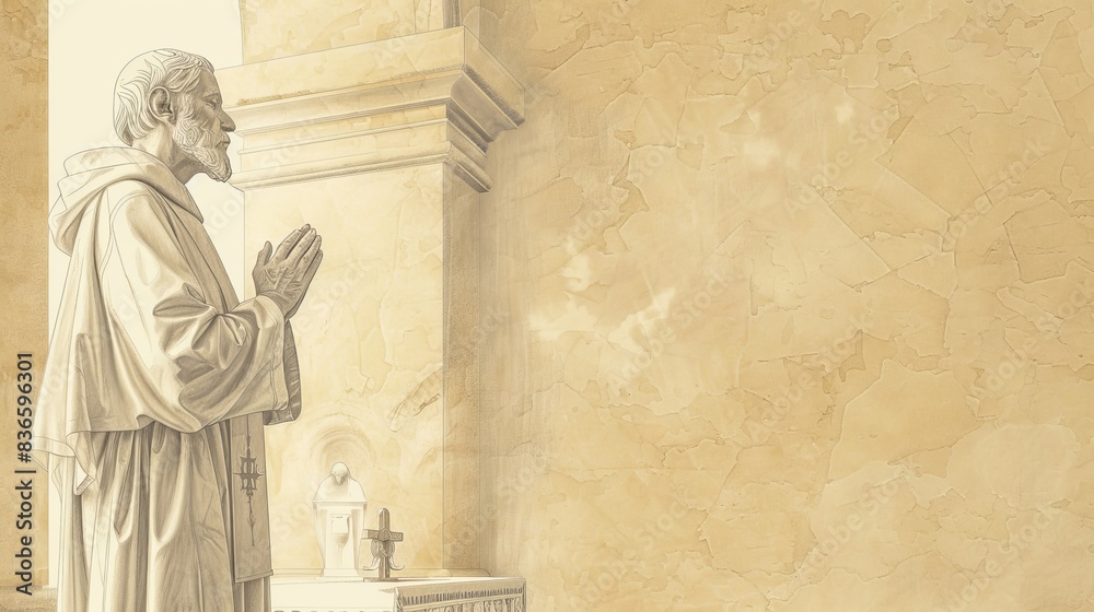 Biblical Illustration of Saint Roch in deep prayer in a serene church ...