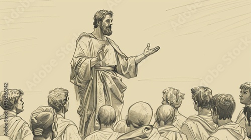 Biblical Illustration of Saint Agnellus of Pisa preaching to a crowd, reflecting his role as a missionary and leader. Simple attire, determined expression, attentive listeners.  photo