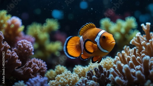 Orange-blue clownfish swim in aquarium with corals  anemones.