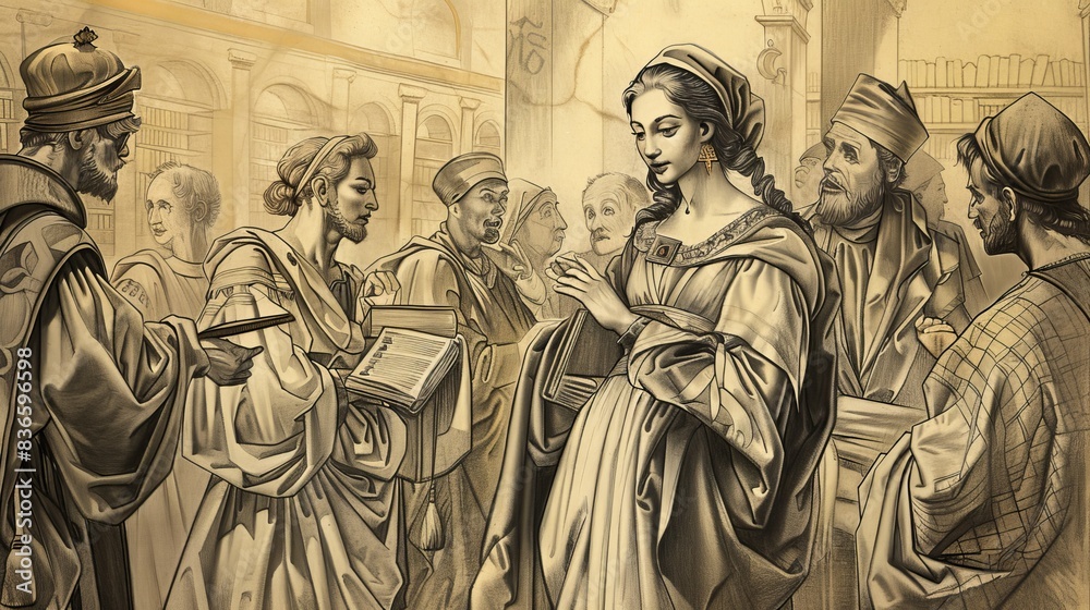 Saint Catherine of Vadstena Leading Convent in Prayer, Traditional Monastic Attire, Biblical Illustration, Beige Background, Copyspace