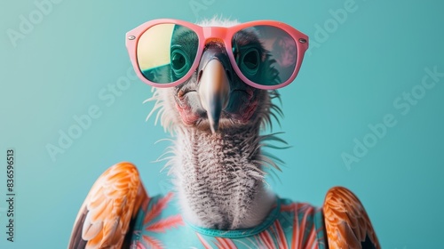 Cool vulture wearing colorful sunglasses and shirt against a teal background. Quirky and fun depiction of a bird with human-like fashion. photo