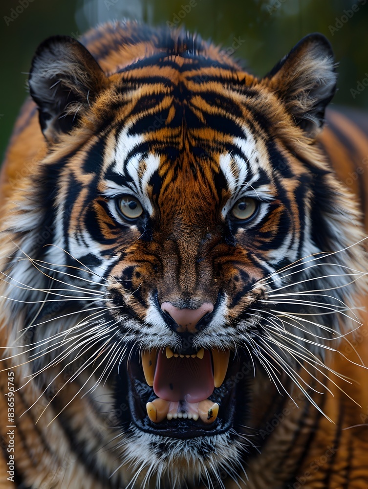 Obraz premium Captivating Close up Portrait of a Ferocious Tiger s Snarling Face Showcasing Its Formidable
