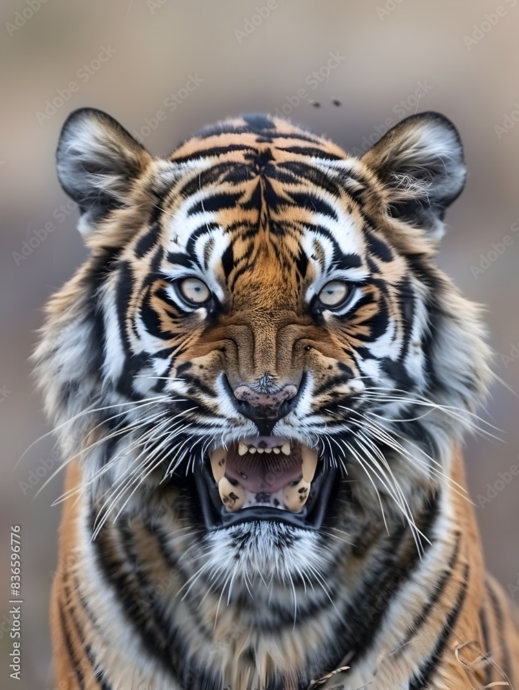 Fototapeta premium Captivating Close Up Photograph of a Ferocious Tiger s Snarling Face Showcasing Its Formidable