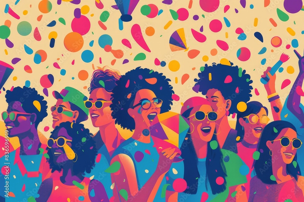 Minimalist vector illustration of a Pride festival with diverse LGBTQ+ community members enjoying drag performances and queer art exhibitions, using simple shapes and vibrant colors to celebrate Minimalist vector illustration of a Pride festival with diverse LGBTQ+ community members enjoying drag performances and queer art exhibitions, using simple shapes and vibrant colors to celebrate