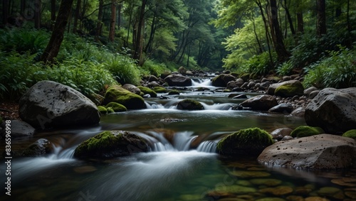 A lush green forest stream flows through an abundance of rocks  while a plethora of trees fill the forest.