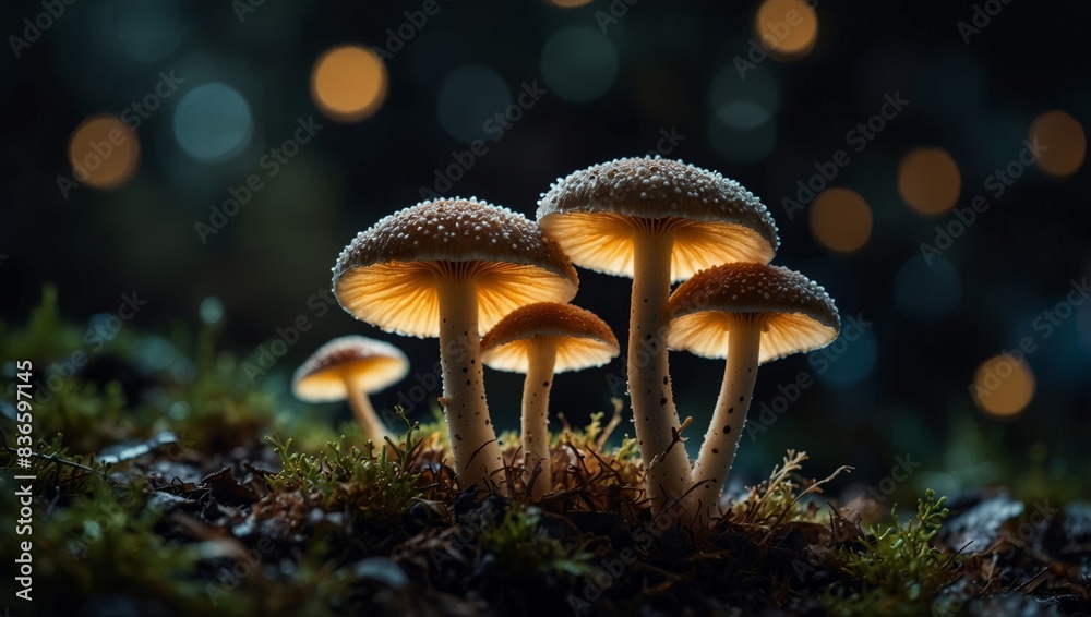 Fototapeta premium A cluster of fungi arranged on a dark background, illuminated by a soft source of light.