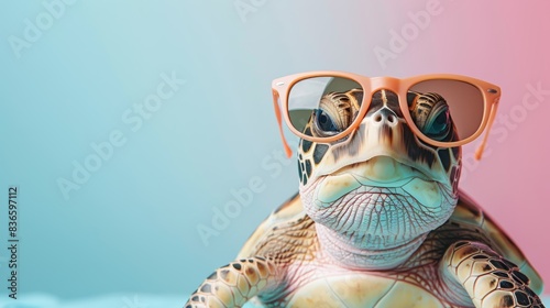 Cute turtle rocking sunglasses, against a colorful gradient backdrop. Perfect for fun and playful themes.