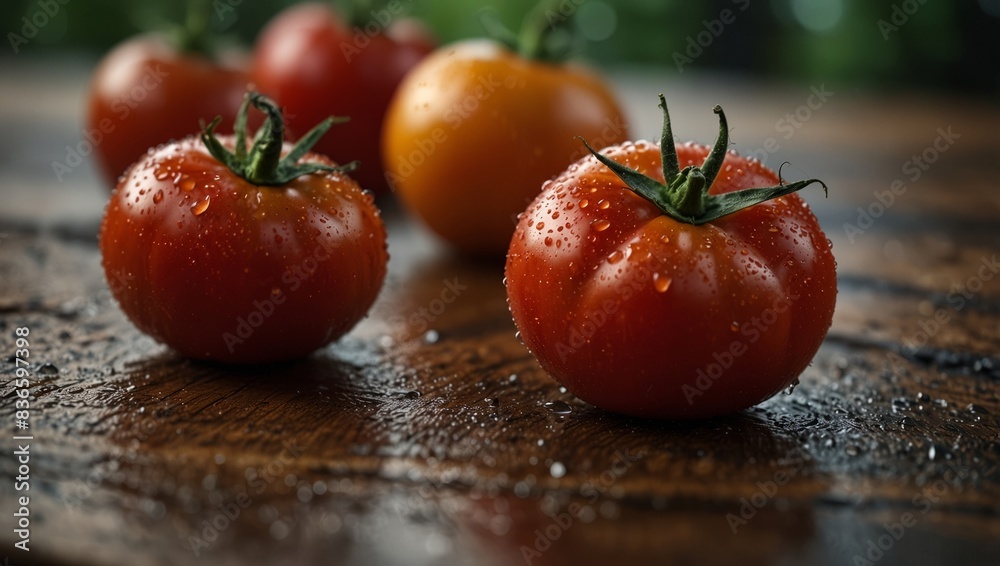 Close-up of tomatoes on wooden surface with water droplets.