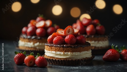 Two cakes with strawberries on top and one cake with strawberries on the bottom.