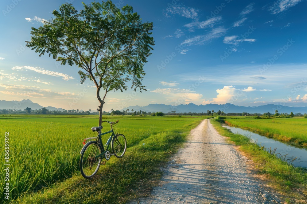 Obraz premium Bicycle on a background of a tree and a green field. Colorful landscape isolated. Without a person