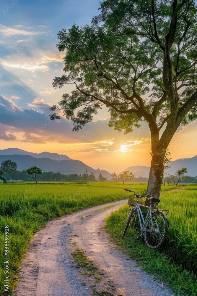 Fototapeta premium Bicycle on a background of a tree and a green field. Colorful landscape isolated. Without a person