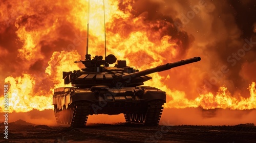 clear image of a tank standing in front of a large fire