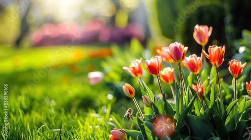 Spring Garden Describe a well-tended garden in the spring Include blooming tulips and daffodils #836598166