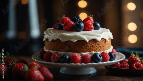 A tight shot of a cake on a table  adorned with strawberries and raspberries nearby.