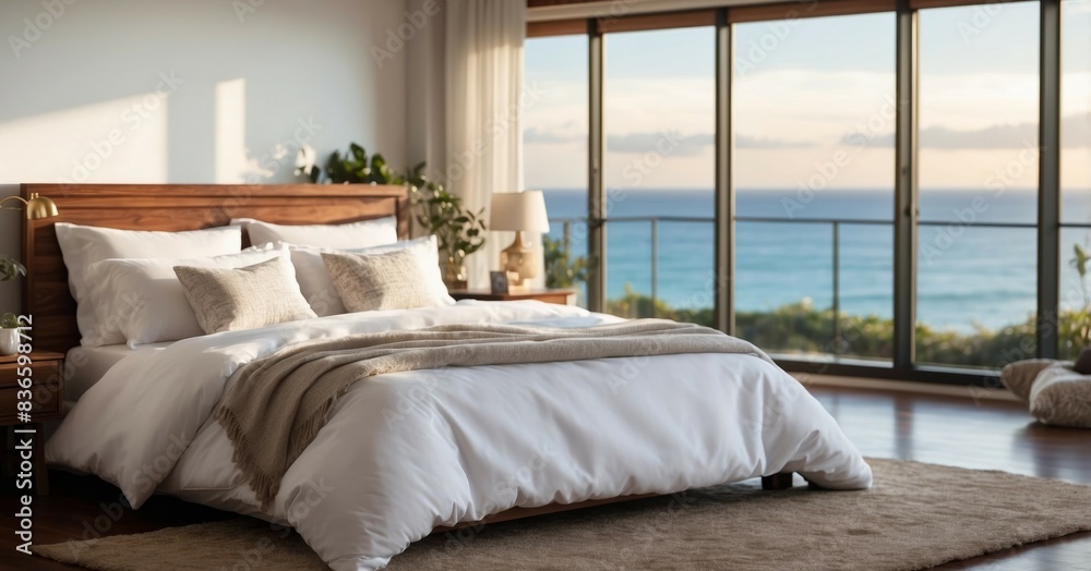 A spacious bedroom boasts panoramic views of the tranquil ocean, adorned with a pristine white comforter and fluffy pillows perched atop a. A spacious bedroom boasts panoramic views of the tranquil ocean, adorned with a pristine white comforter and fluffy pillows perched atop a.