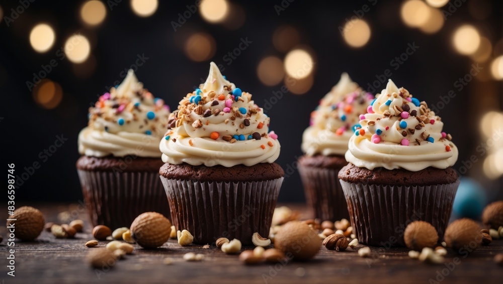 A close-up of three cupcakes with frosting and sprinkles on a table with nuts. A close-up of three cupcakes with frosting and sprinkles on a table with nuts.